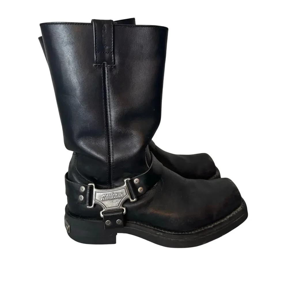 Harley-Davidson Harness Motorcycle Boots Black Leather Mens Size 10 Biker Logo